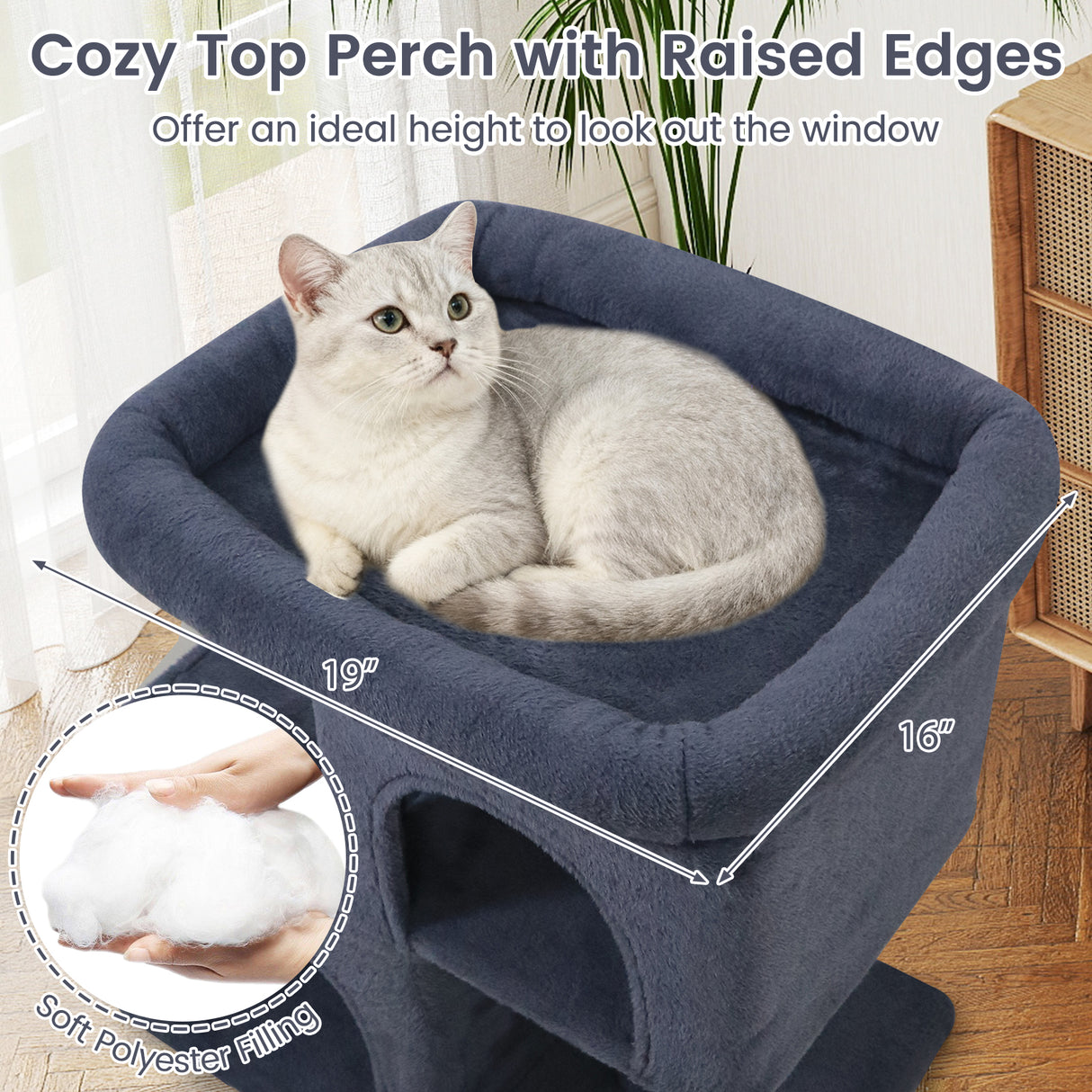 Modern Cat Tree Space-saving Cat Tower with Upholstered Perch and 2 Cat Condos-Dark Grey