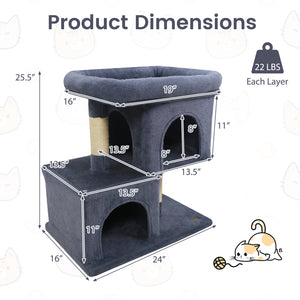 Modern Cat Tree Space-saving Cat Tower with Upholstered Perch and 2 Cat Condos-Dark Grey