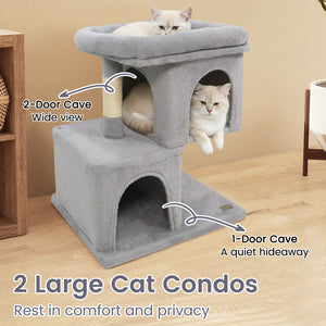 Modern Cat Tree Space-saving Cat Tower with Upholstered Perch and 2 Cat Condos-Gray