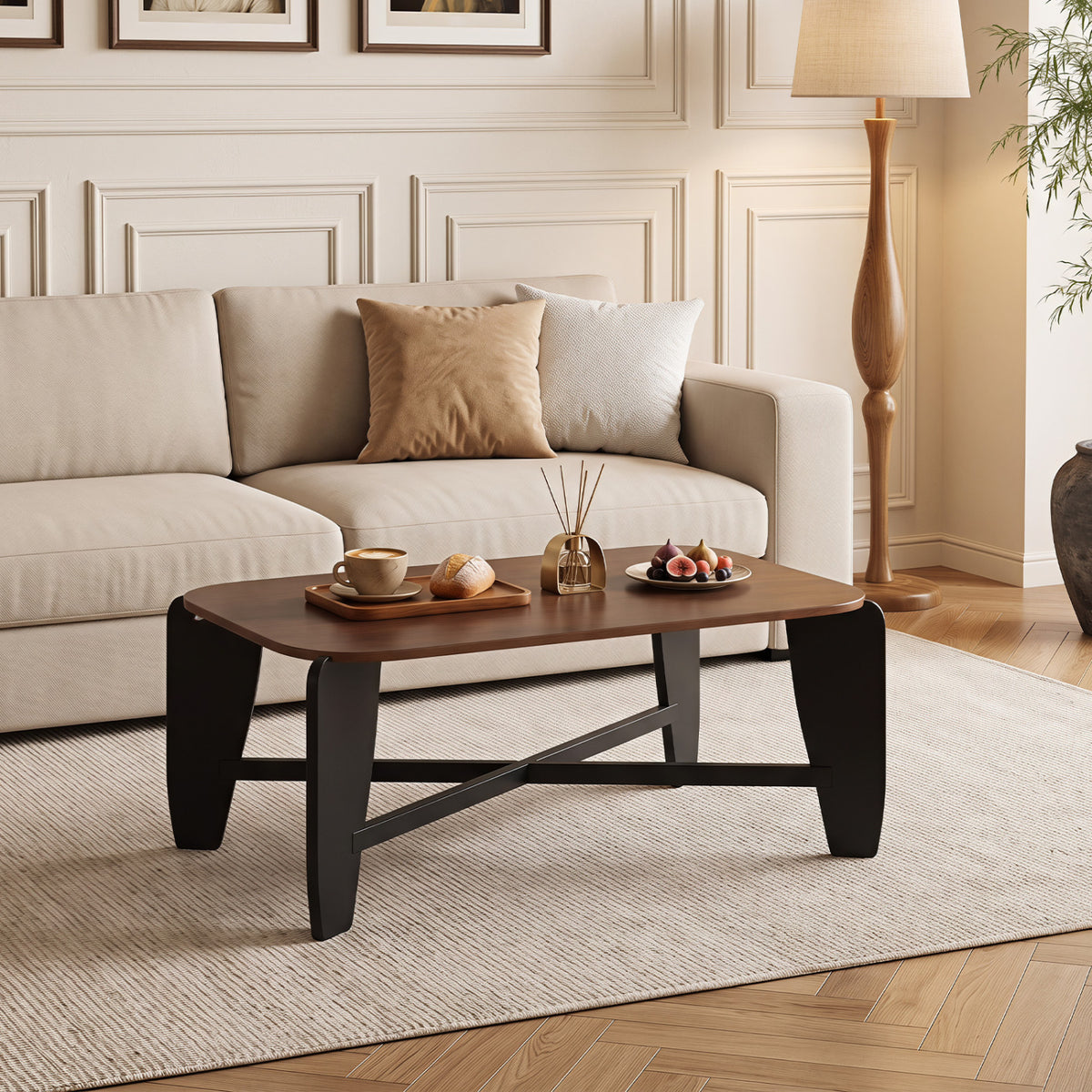 Modern Coffee Table with Rubber Wood Cross-Leg Base Rectangular Center Table-Walnut