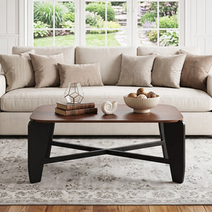 Modern Coffee Table with Rubber Wood Cross-Leg Base Rectangular Center Table-Walnut