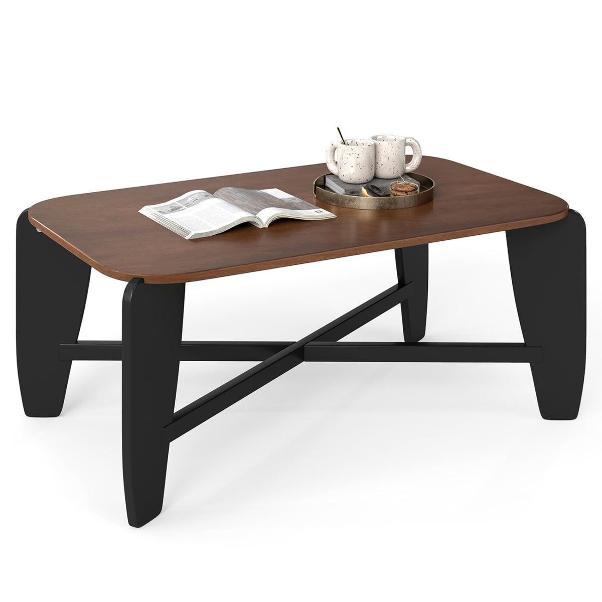 Modern Coffee Table with Rubber Wood Cross-Leg Base Rectangular Center Table-Walnut