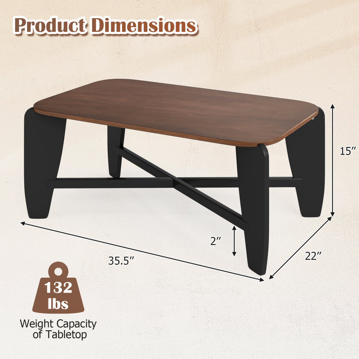 Modern Coffee Table with Rubber Wood Cross-Leg Base Rectangular Center Table-Walnut