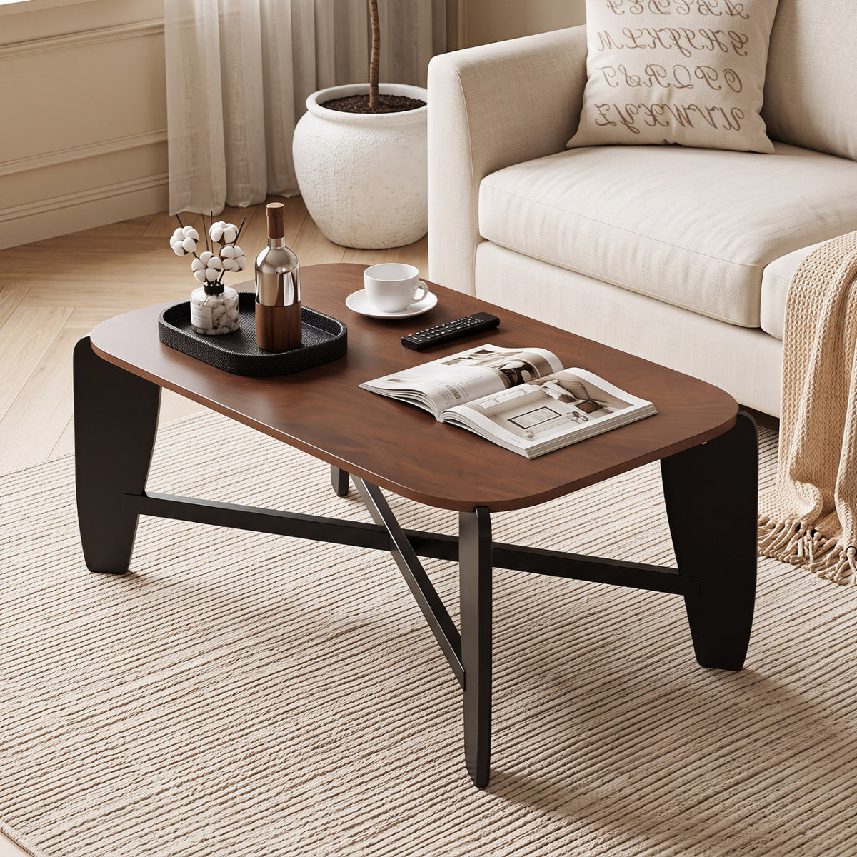 Modern Coffee Table with Rubber Wood Cross-Leg Base Rectangular Center Table-Walnut