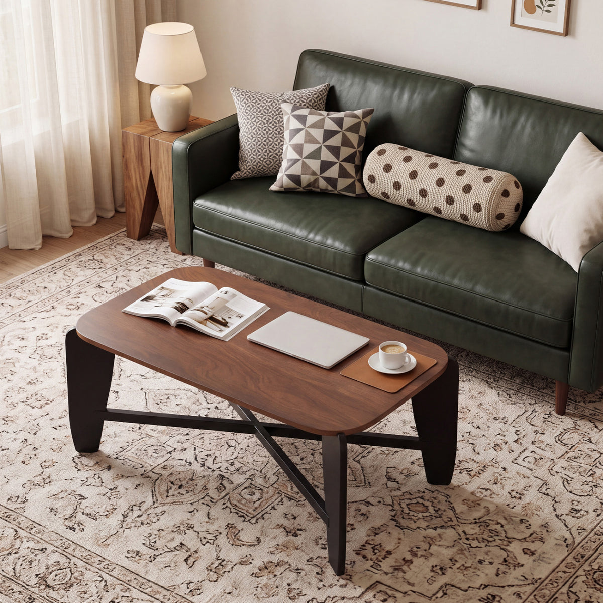 Modern Coffee Table with Rubber Wood Cross-Leg Base Rectangular Center Table-Walnut