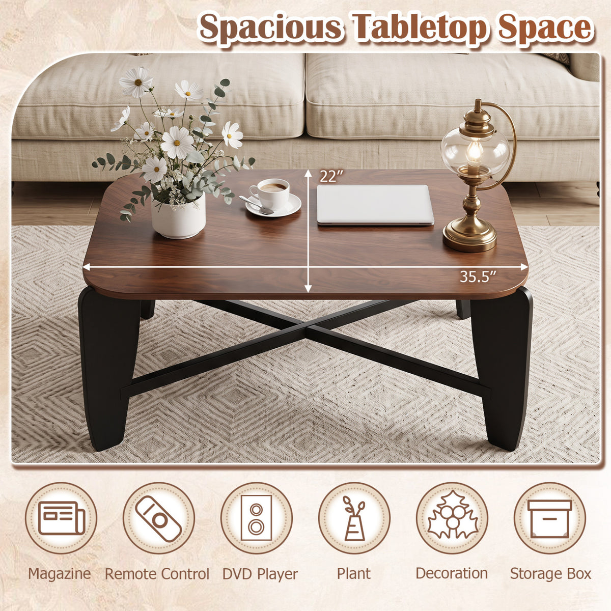 Modern Coffee Table with Rubber Wood Cross-Leg Base Rectangular Center Table-Walnut