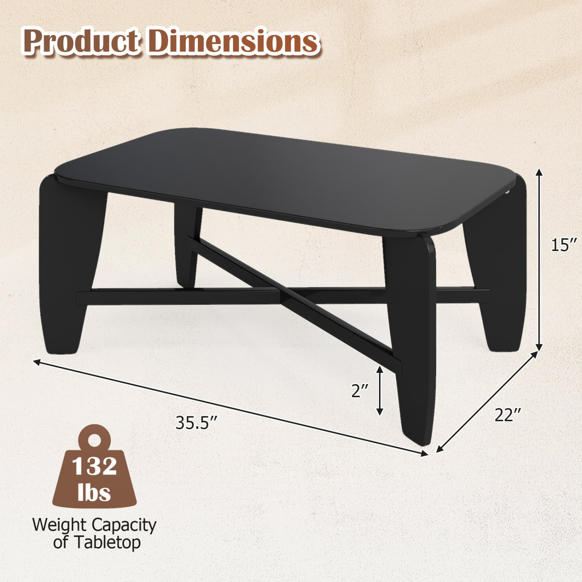 Modern Coffee Table with Rubber Wood Cross-Leg Base Rectangular Center Table-Black