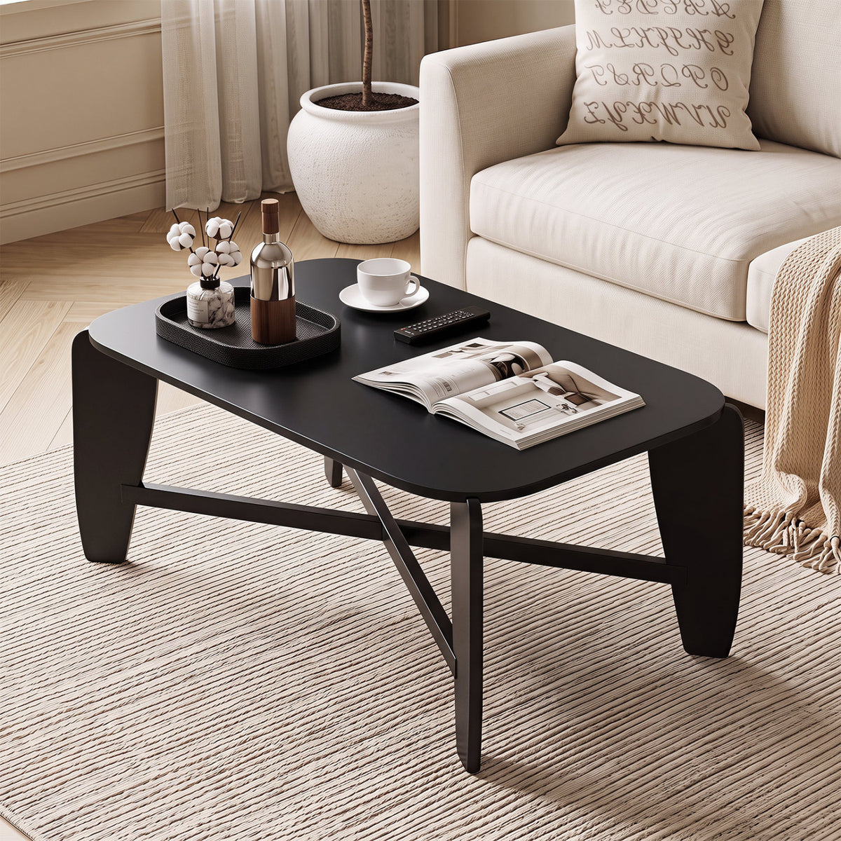Modern Coffee Table with Rubber Wood Cross-Leg Base Rectangular Center Table-Black