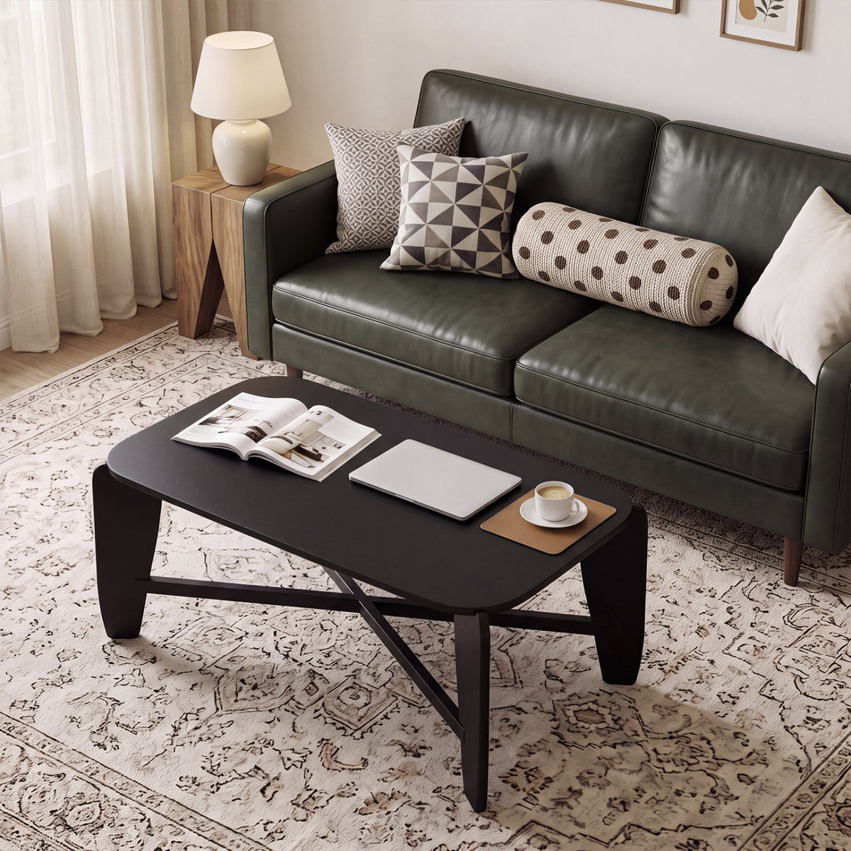 Modern Coffee Table with Rubber Wood Cross-Leg Base Rectangular Center Table-Black