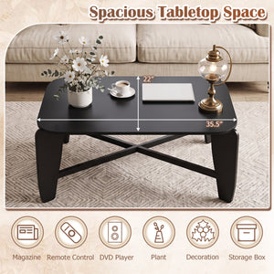 Modern Coffee Table with Rubber Wood Cross-Leg Base Rectangular Center Table-Black