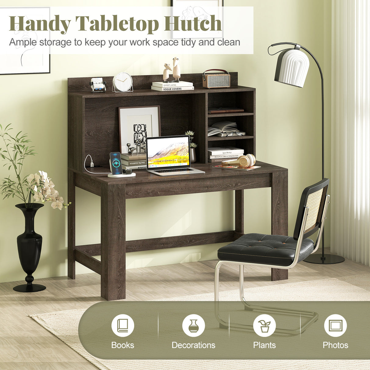 Modern Computer Desk with Hutch and Storage Shelves-Oak