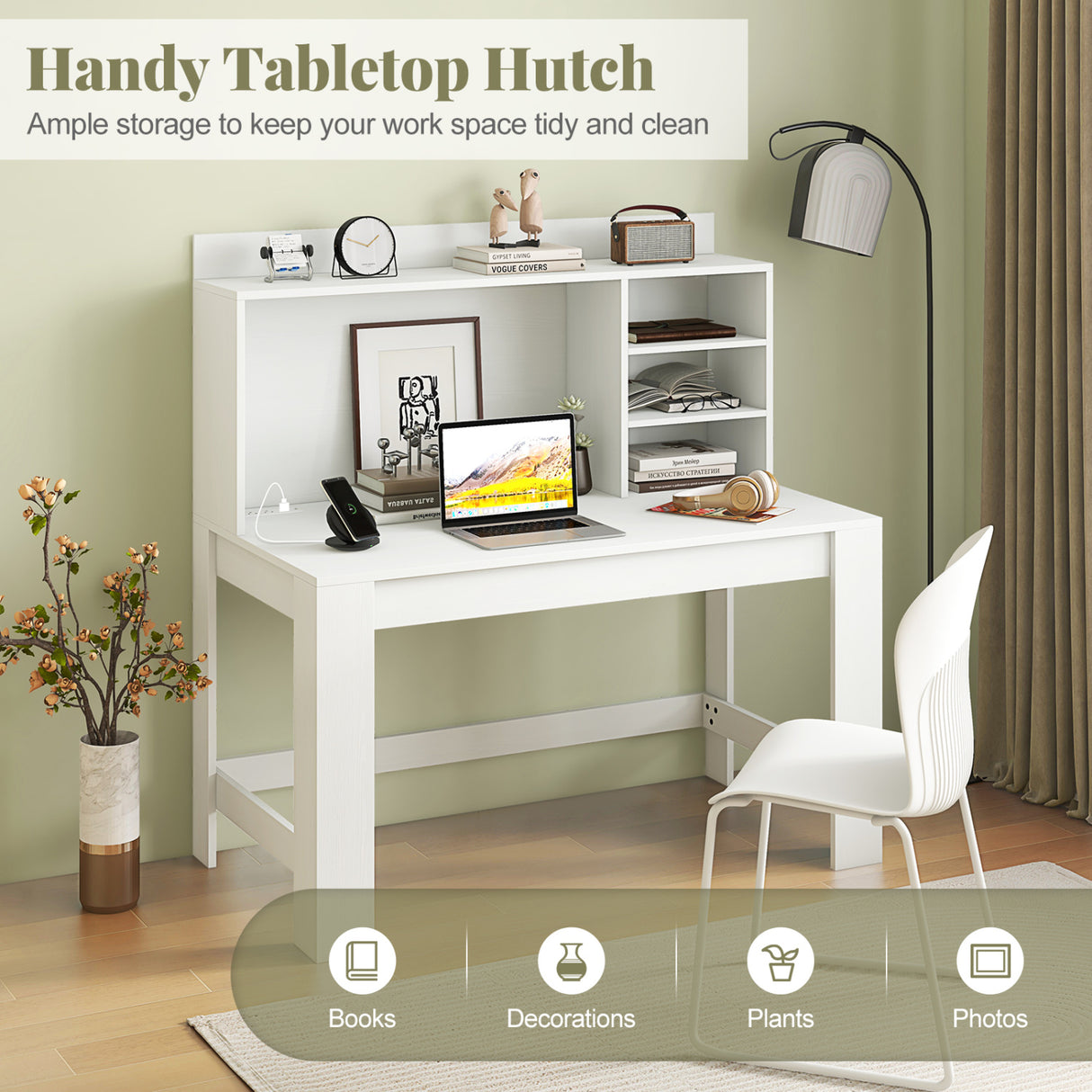 Modern Computer Desk with Hutch and Storage Shelves-White