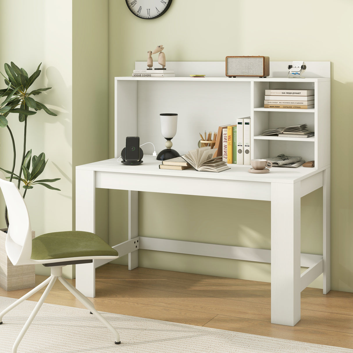 Modern Computer Desk with Hutch and Storage Shelves-White