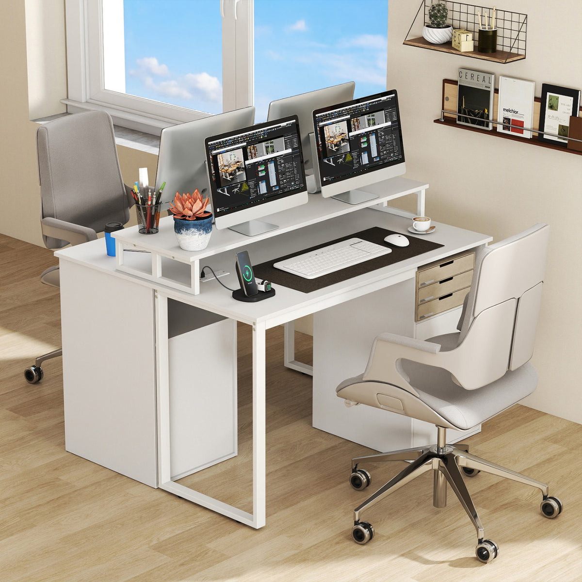 Modern Computer Desk with Power Outlets and File Drawer-White