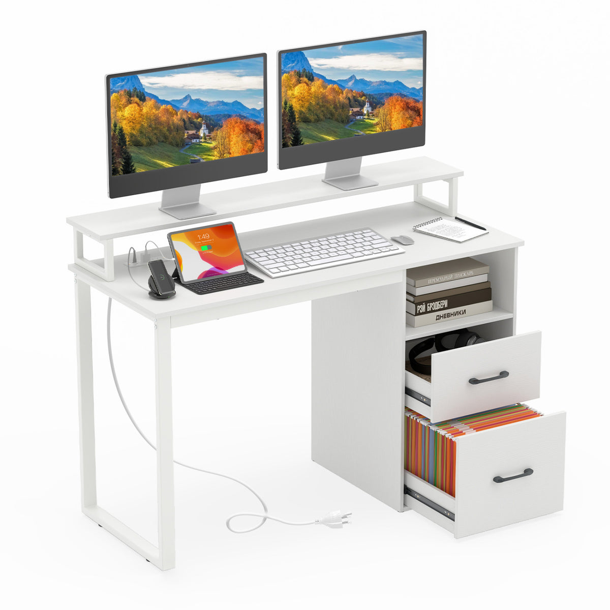 Modern Computer Desk with Power Outlets and File Drawer-White