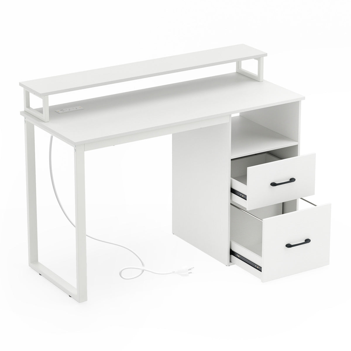 Modern Computer Desk with Power Outlets and File Drawer-White