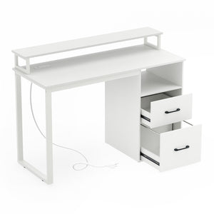 Modern Computer Desk with Power Outlets and File Drawer-White