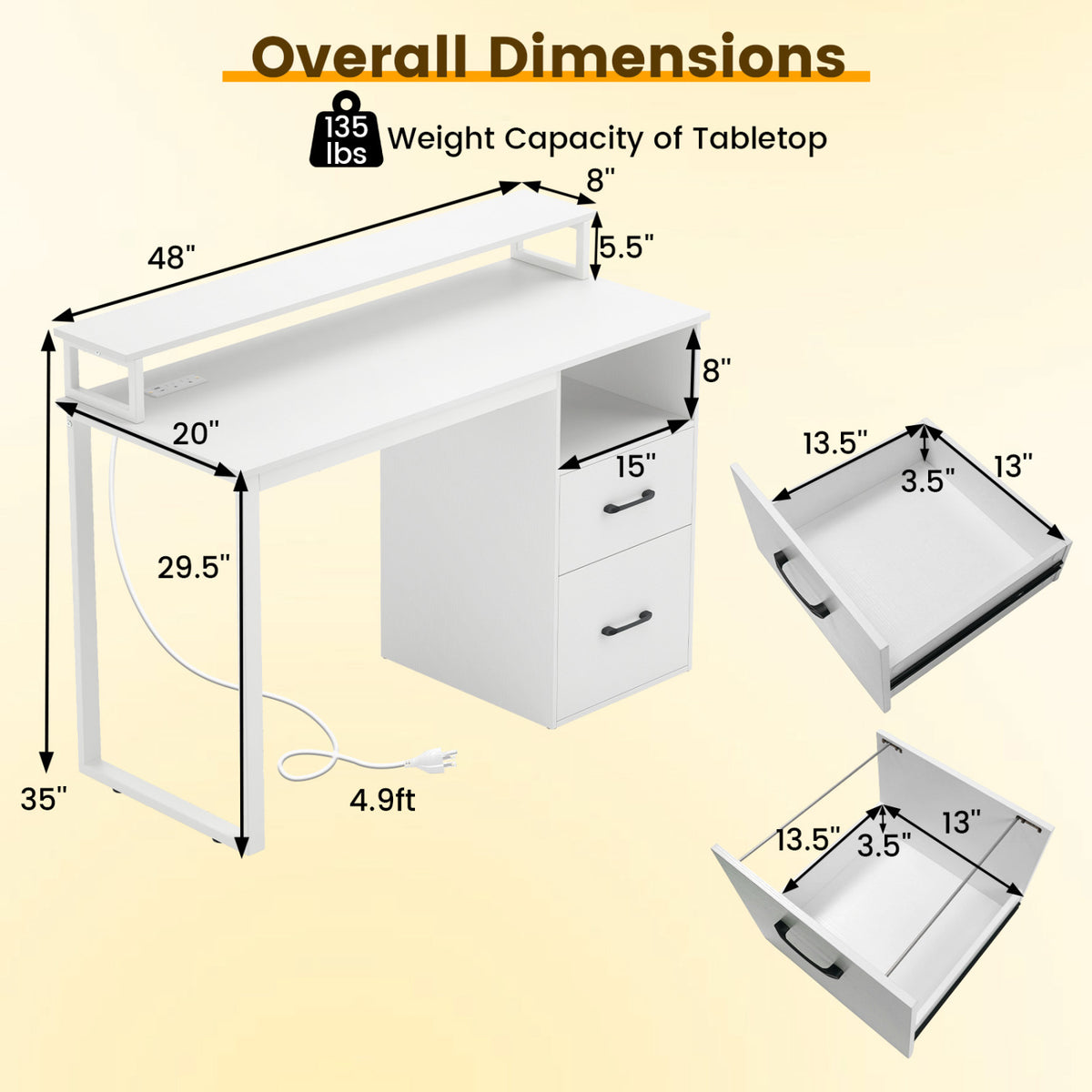 Modern Computer Desk with Power Outlets and File Drawer-White