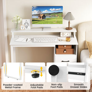 Modern Computer Desk with Power Outlets and File Drawer-White