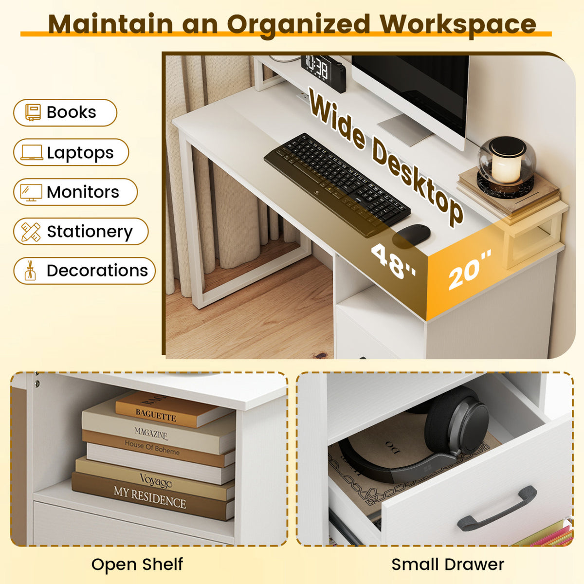 Modern Computer Desk with Power Outlets and File Drawer-White