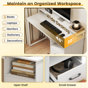 Modern Computer Desk with Power Outlets and File Drawer-White