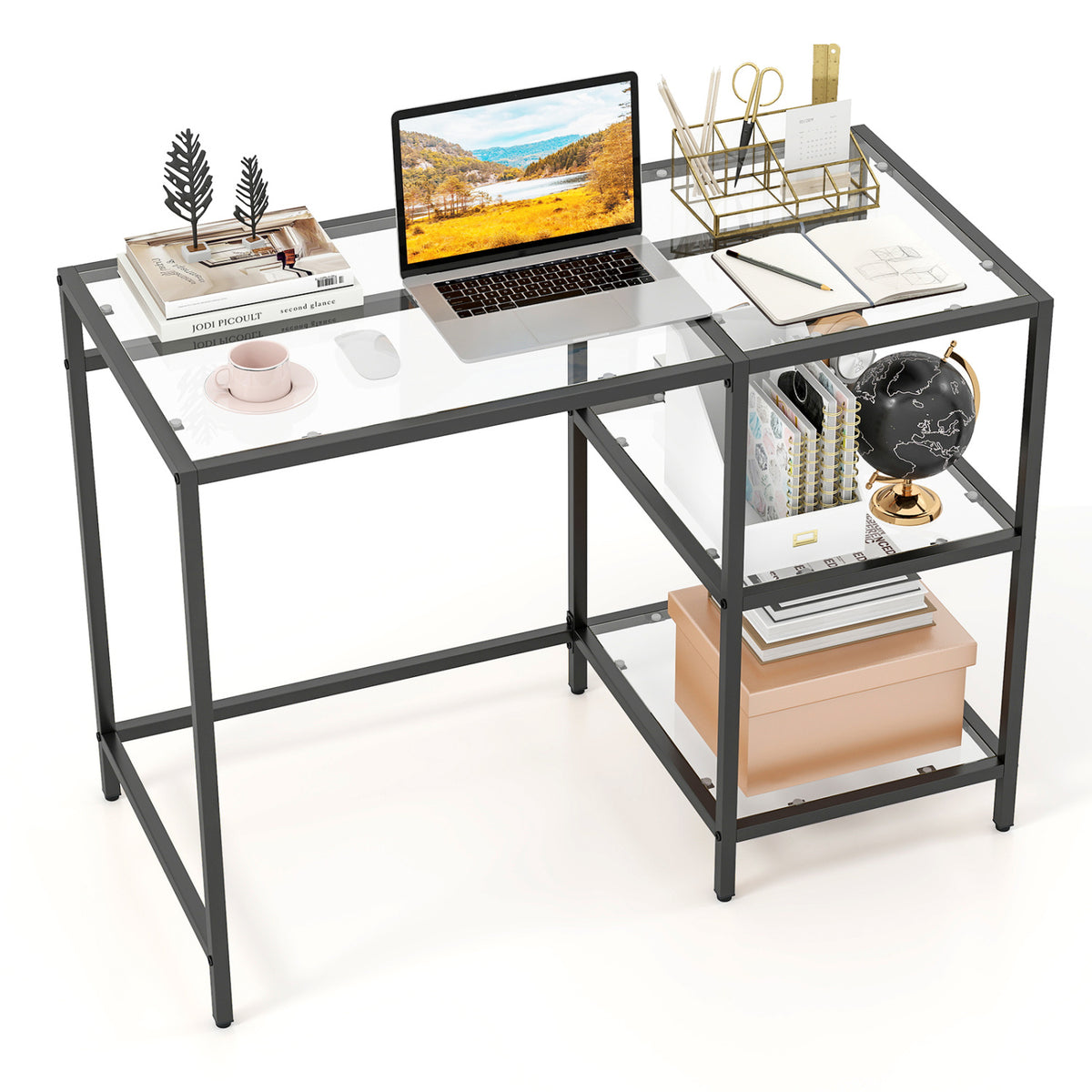 Modern Console Table with 2 Open Shelves and Metal Frame-Black