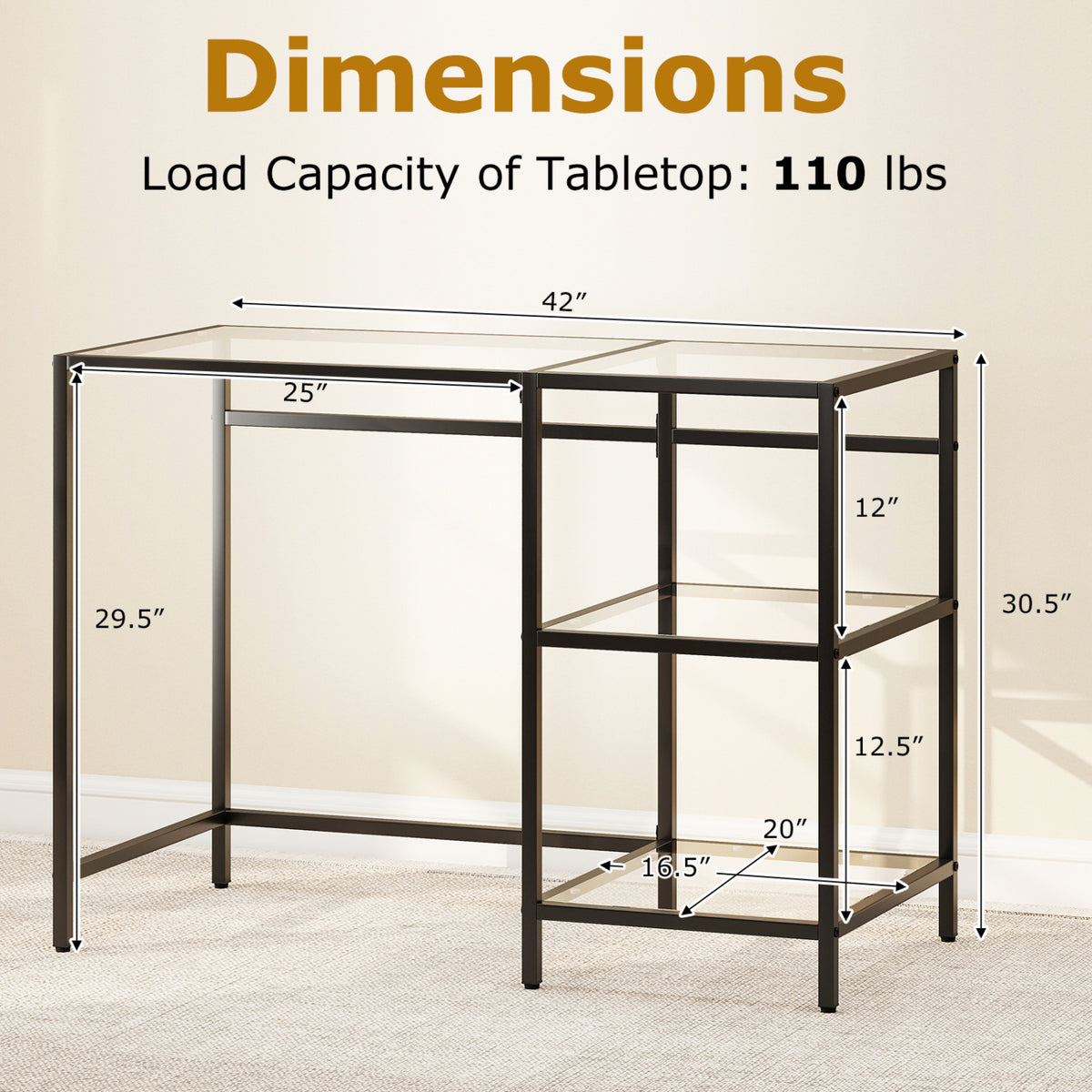 Modern Console Table with 2 Open Shelves and Metal Frame-Black