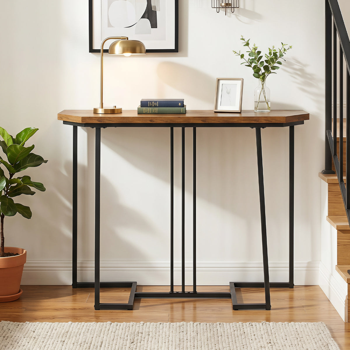 Modern Console Table Narrow Entryway Table with Metal Legs-Rustic Brown
