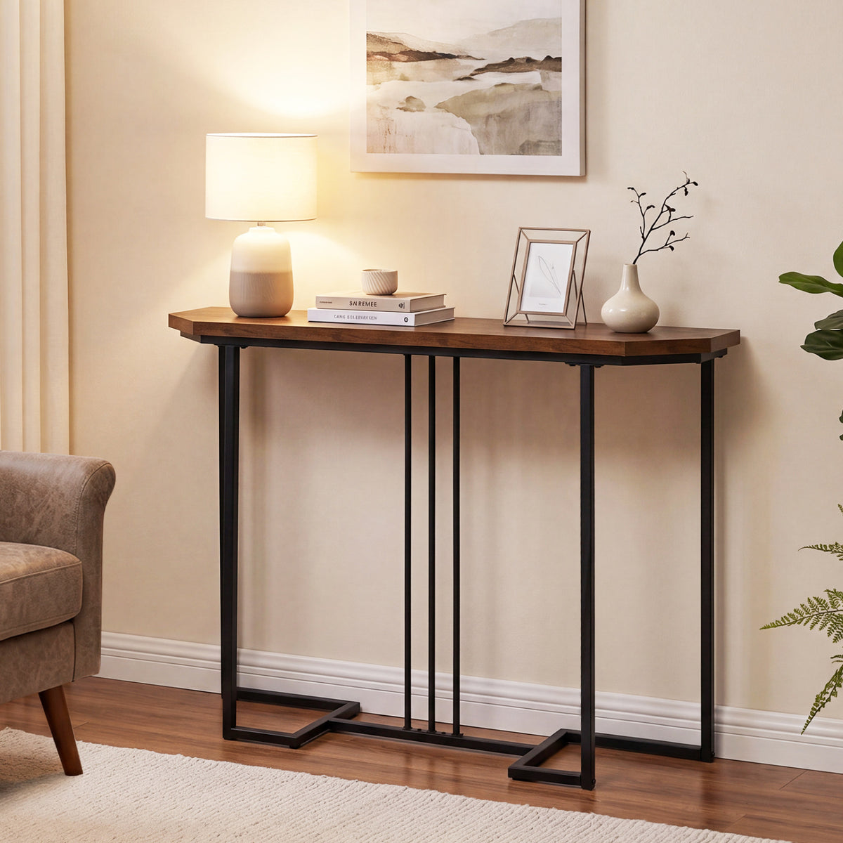 Modern Console Table Narrow Entryway Table with Metal Legs-Rustic Brown