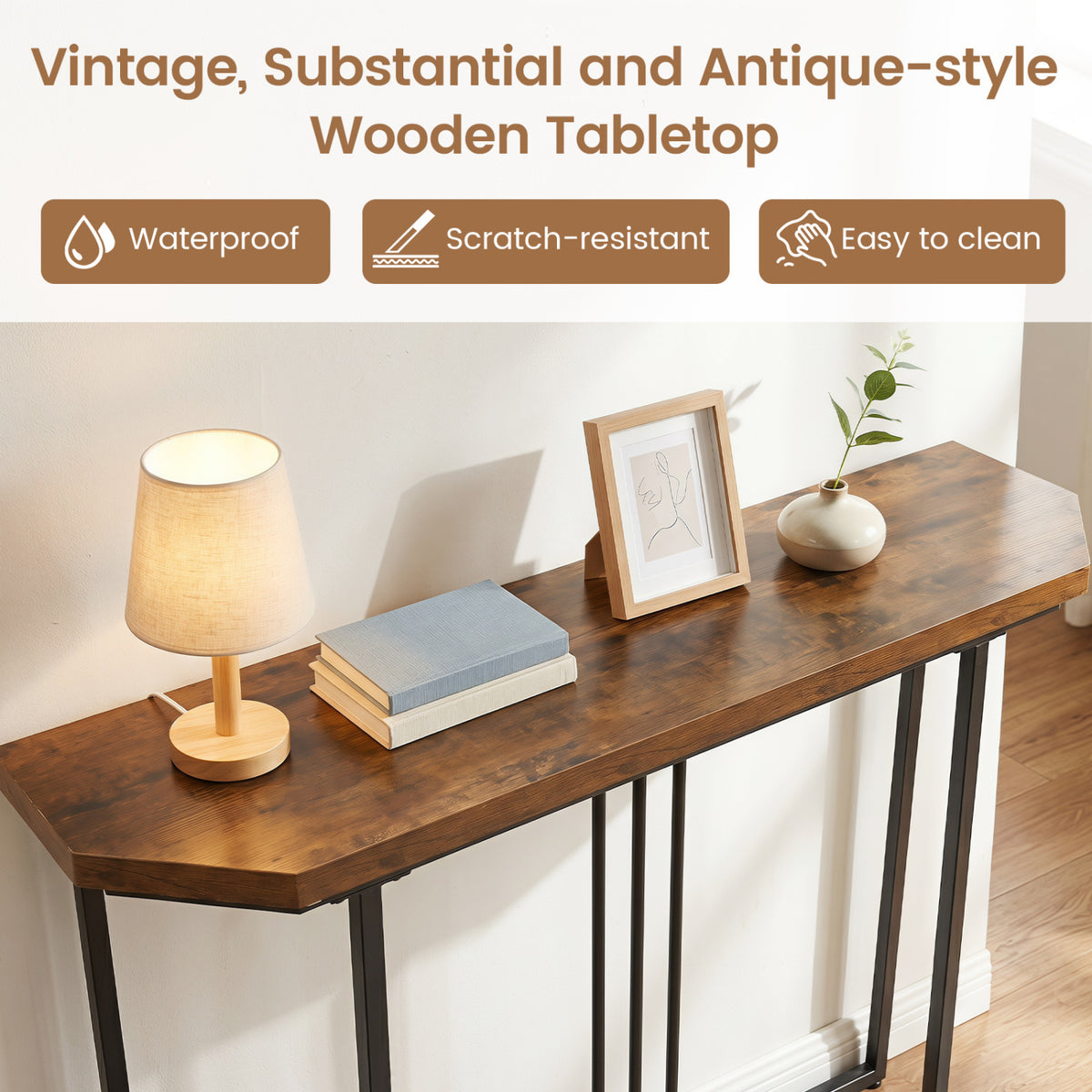 Modern Console Table Narrow Entryway Table with Metal Legs-Rustic Brown