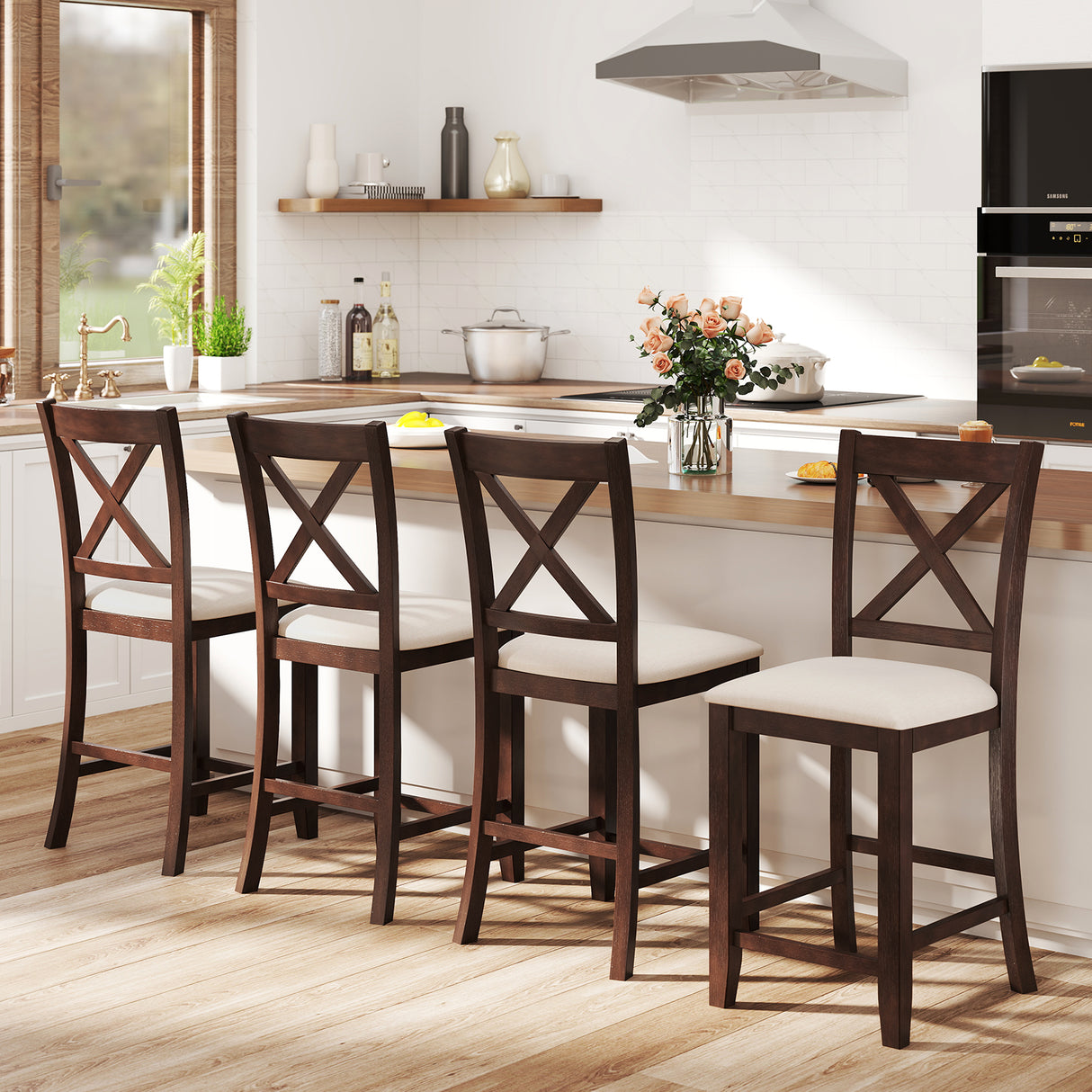 Modern Farmhouse Counter Height Stools with Footrest and Cushion-Walnut