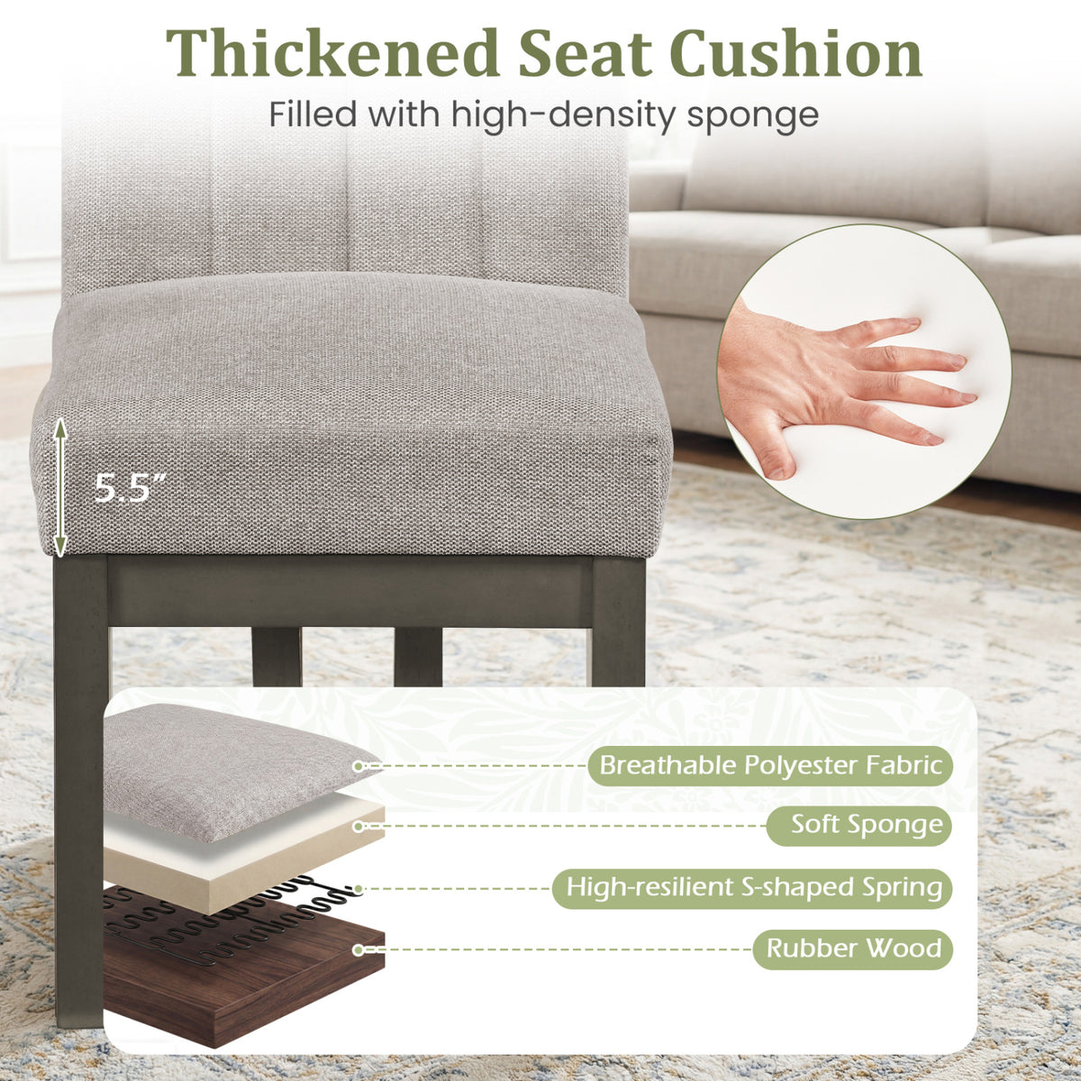Modern Farmhouse Fabric Dining Chairs Set of 4 with 5.5" Thickened Padded Seat-Gray