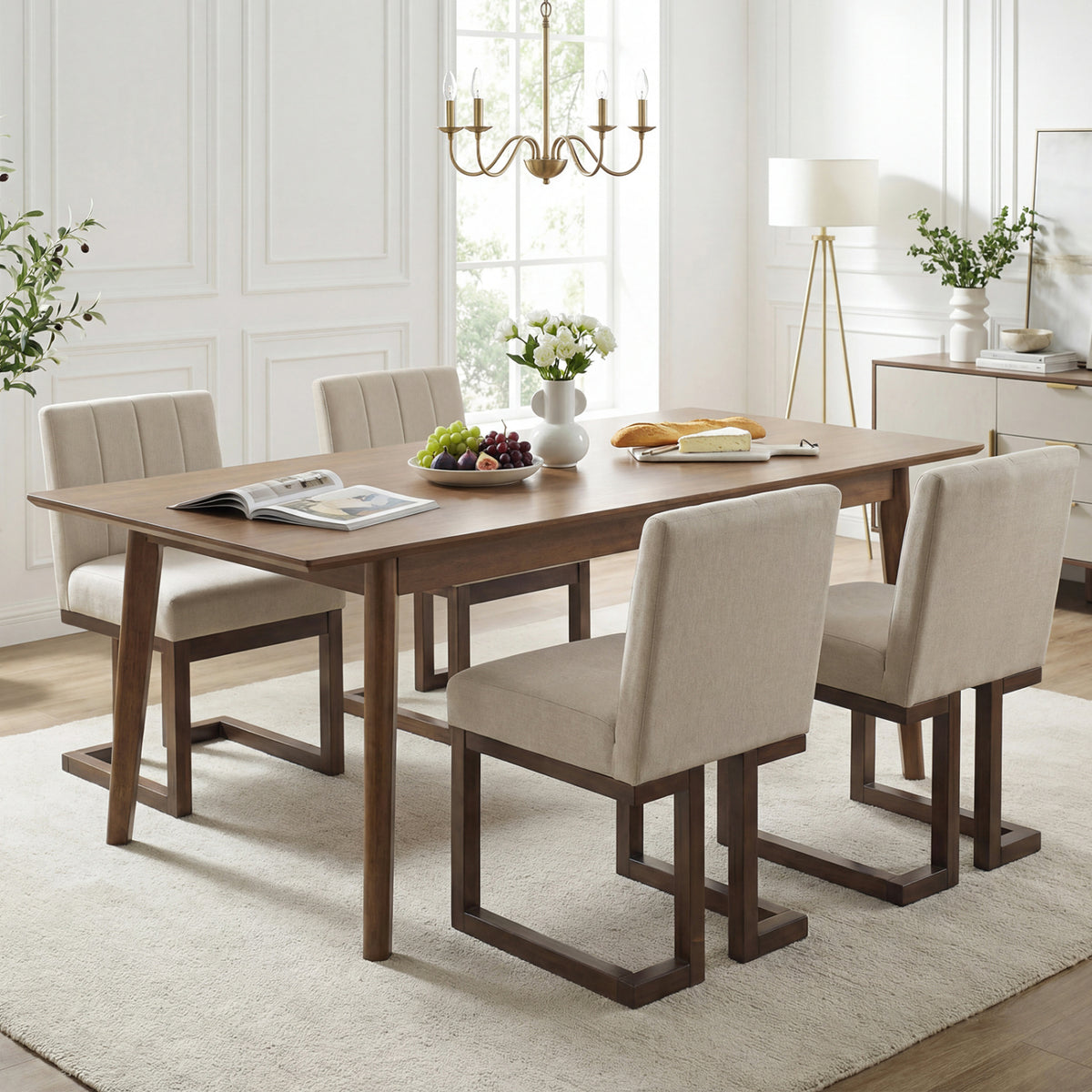 Modern Farmhouse Fabric Dining Chairs Set of 4 with 5.5" Thickened Padded Seat-Walnut