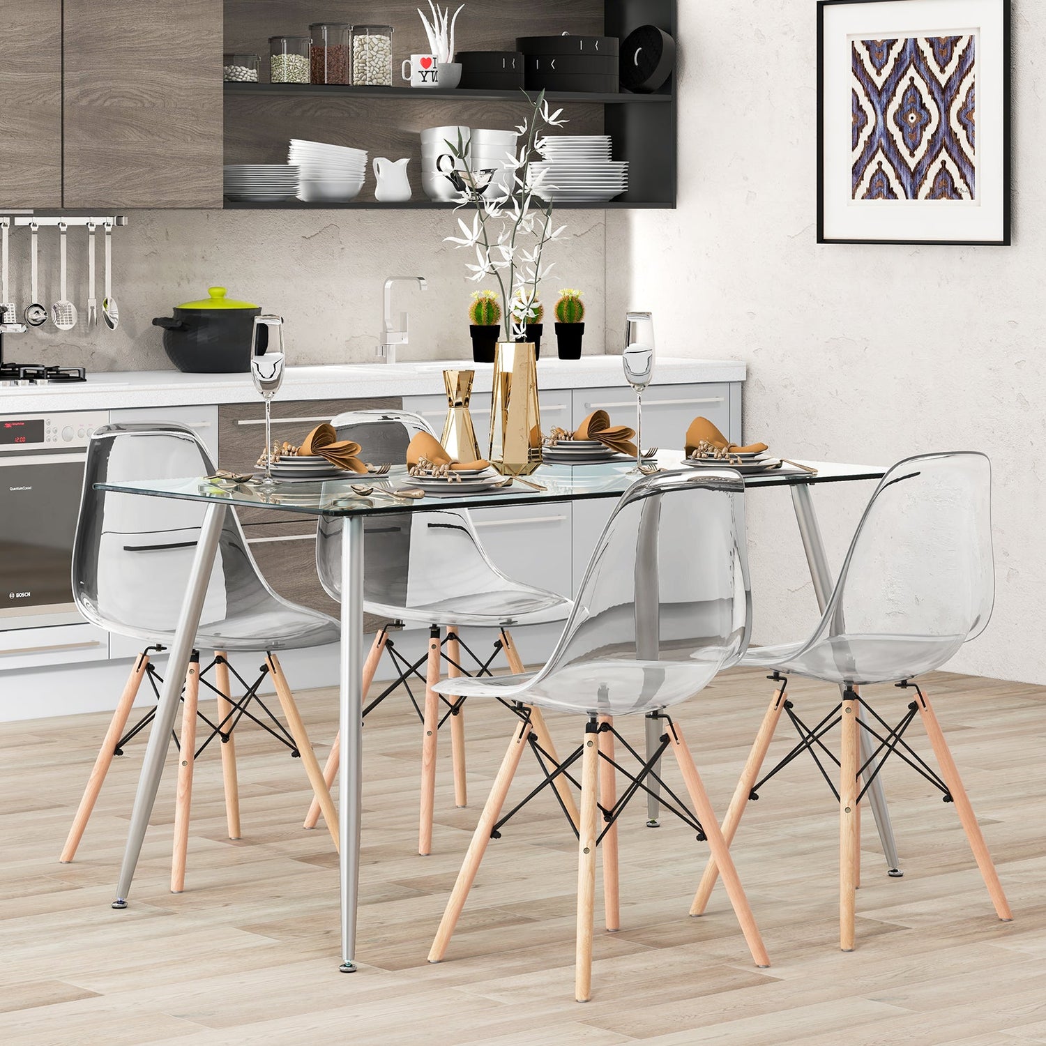 Modern Glass Rectangular Dining Table with Metal Legs-Silver by DirectDeals