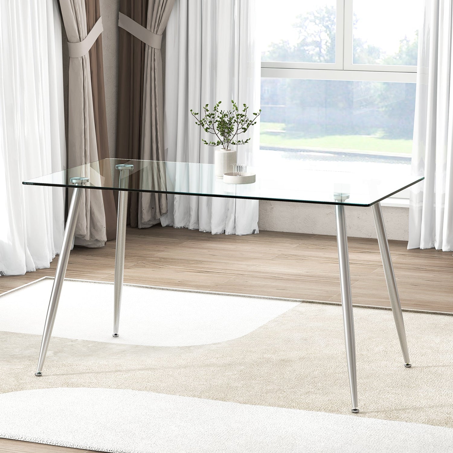 Modern Glass Rectangular Dining Table with Metal Legs-Silver by DirectDeals