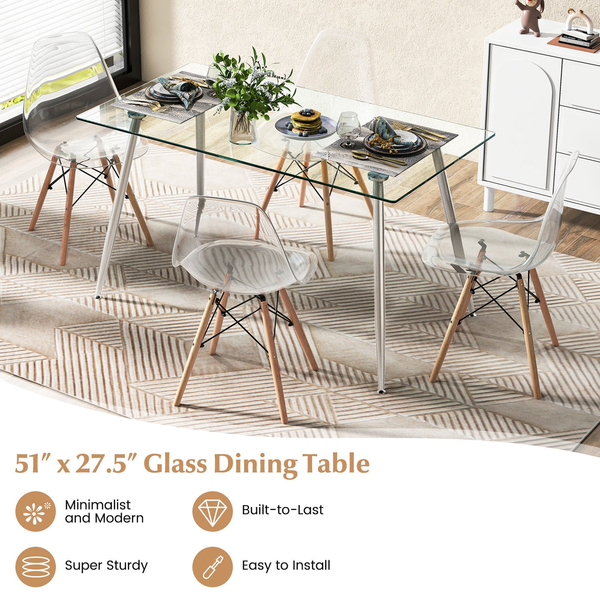 Modern Glass Rectangular Dining Table with Metal Legs-Silver by DirectDeals