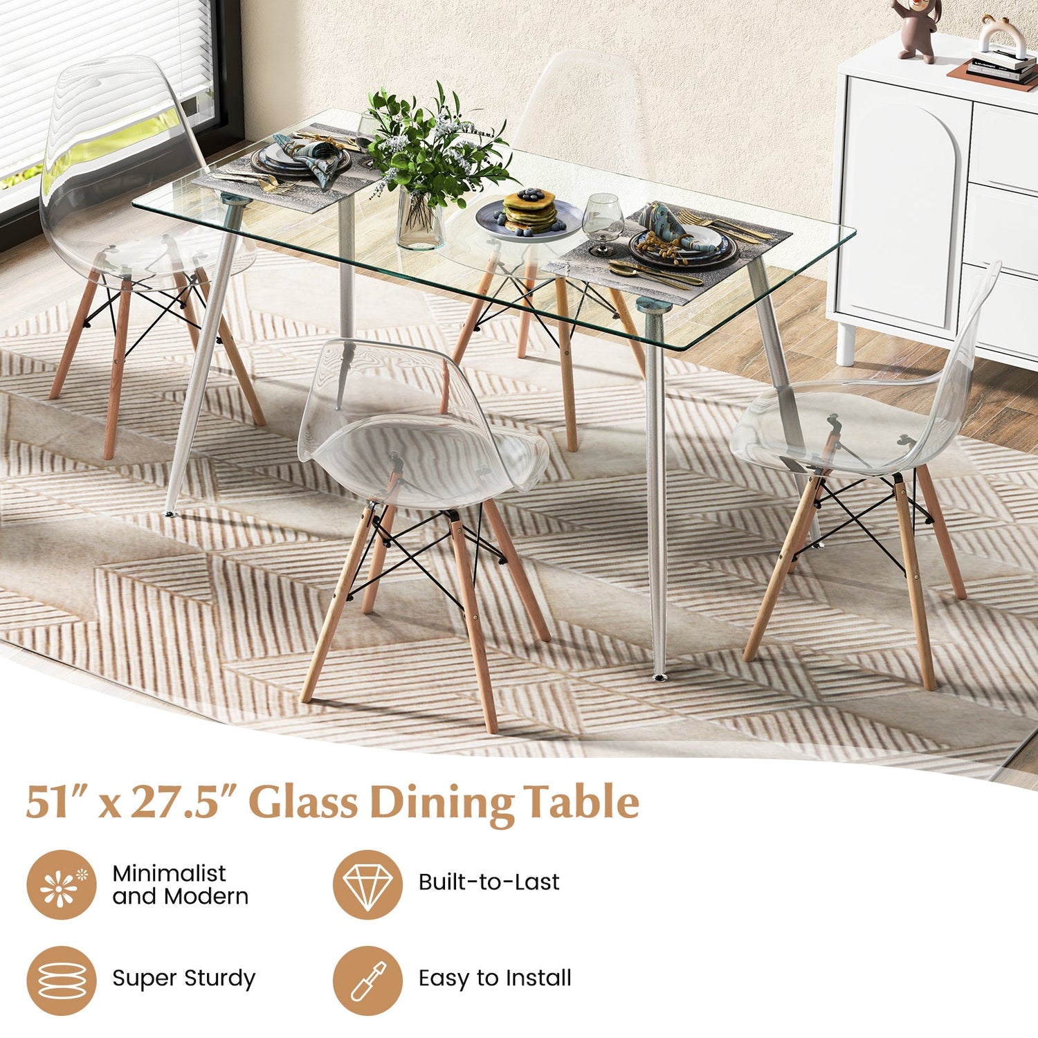 Modern Glass Rectangular Dining Table with Metal Legs-Silver by DirectDeals