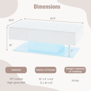 Modern LED Coffee Table with 20 Color LED Lights and 2 Storage Drawers-White