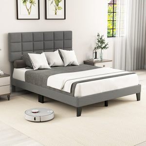 Queen Size Modern Linen Bed Frame with Adjustable Headboard-Gray