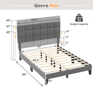 Queen Size Modern Linen Bed Frame with Adjustable Headboard-Gray