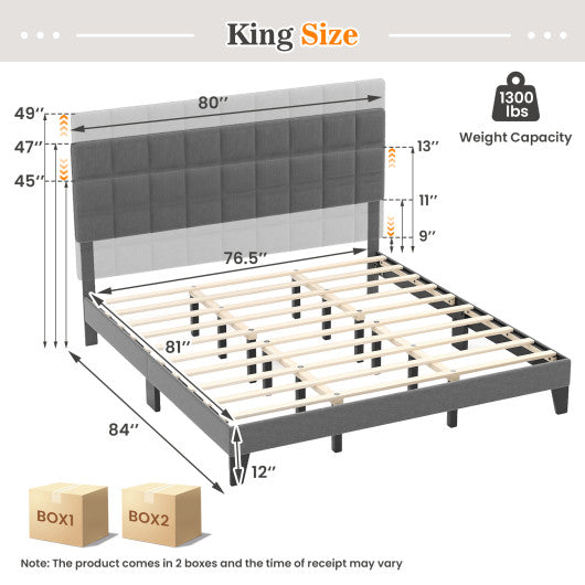 King Size Modern Linen Bed Frame with Adjustable Headboard-Gray