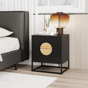 Modern Mid Century Fluted Nightstand with 2 Drawers and Pine Wood Handles for Bedroom-Black