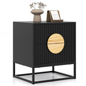 Modern Mid Century Fluted Nightstand with 2 Drawers and Pine Wood Handles for Bedroom-Black