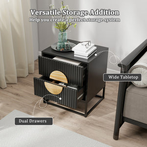 Modern Mid Century Fluted Nightstand with 2 Drawers and Pine Wood Handles for Bedroom-Black