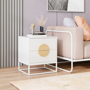 Modern Mid Century Fluted Nightstand with 2 Drawers and Pine Wood Handles for Bedroom-White