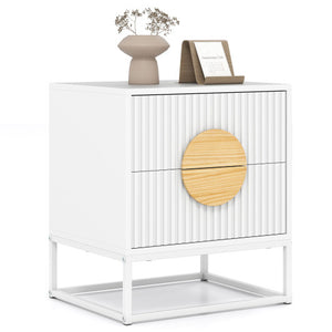 Modern Mid Century Fluted Nightstand with 2 Drawers and Pine Wood Handles for Bedroom-White