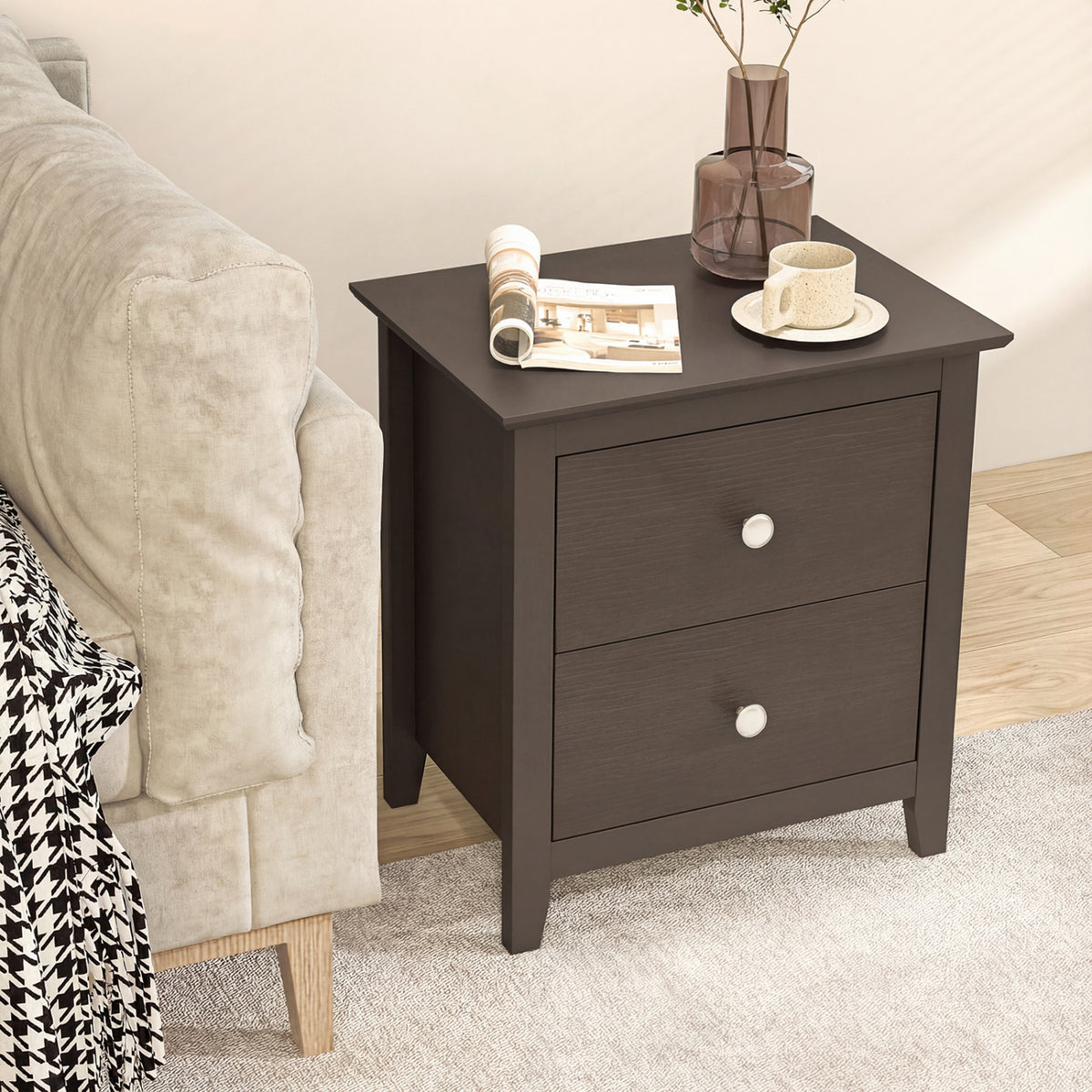 Modern Nightstand with 2 Drawers for Small Spaces-Brown