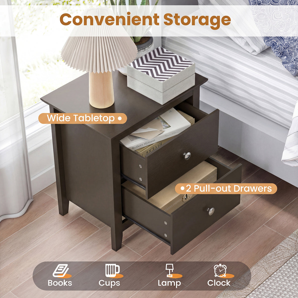 Modern Nightstand with 2 Drawers for Small Spaces-Brown