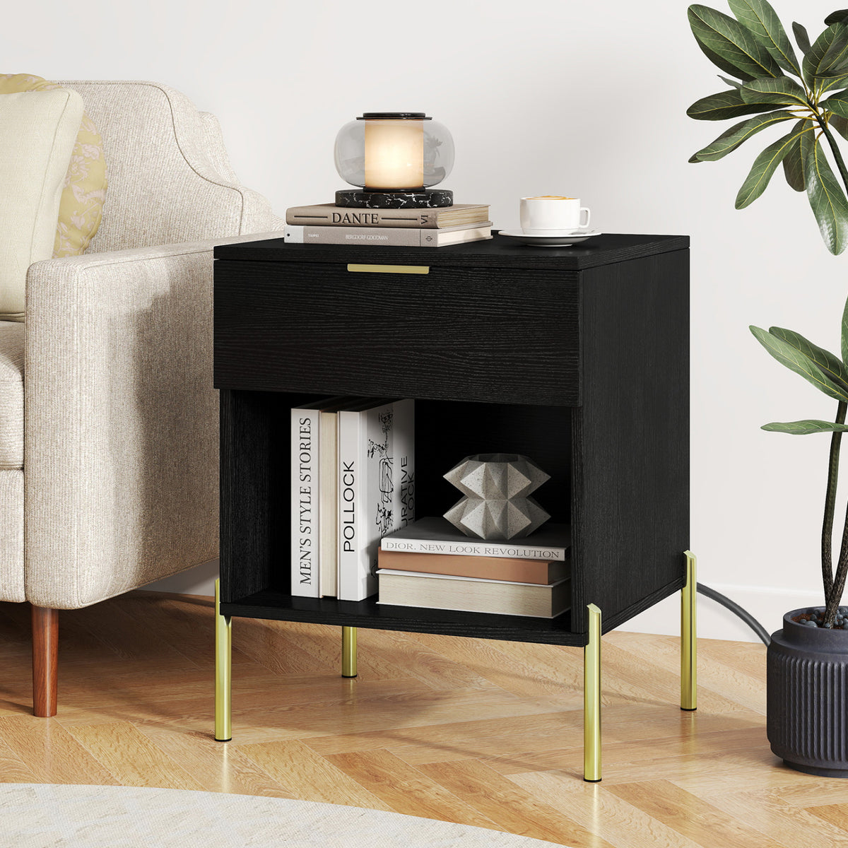 Modern Nightstand with Charging Station-Black