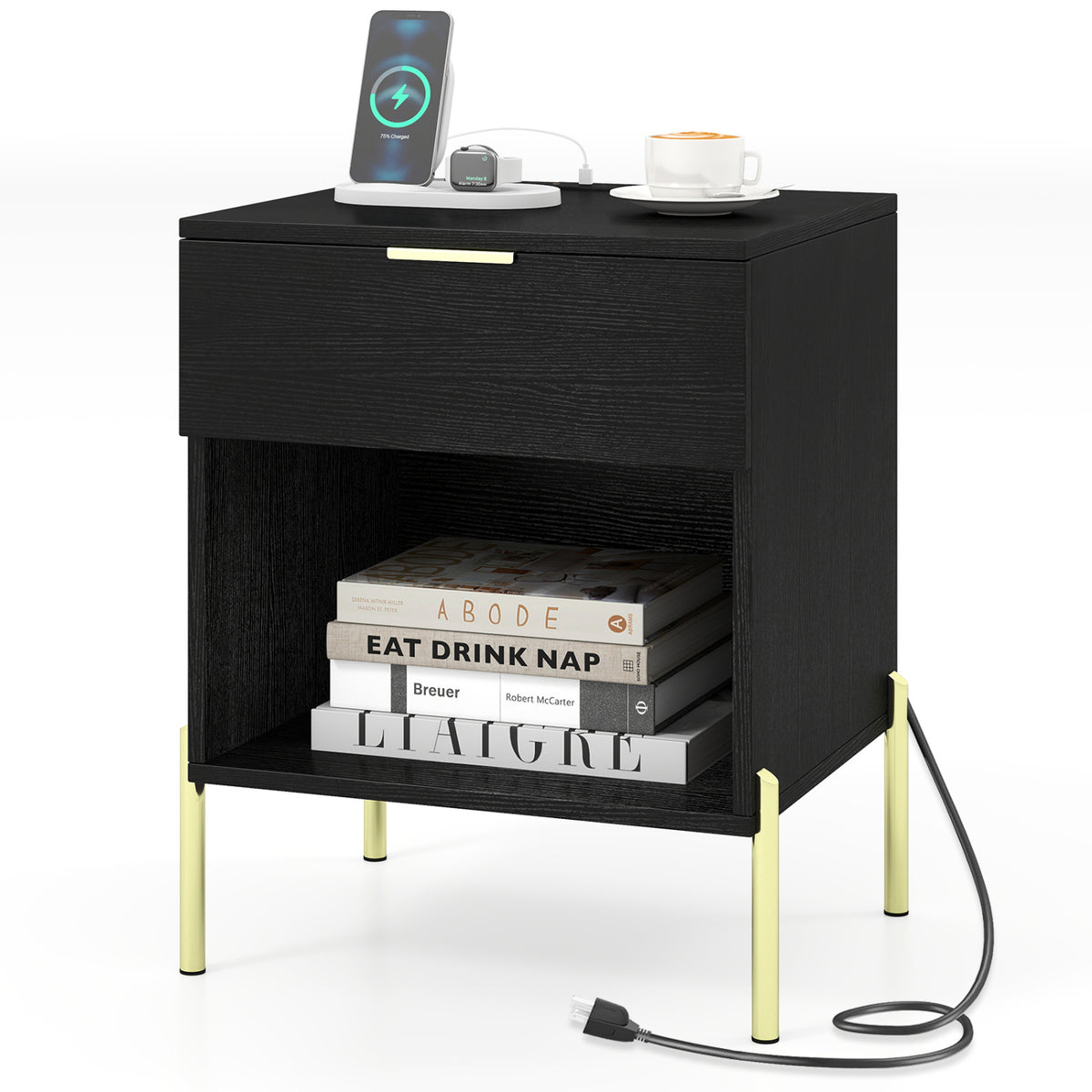 Modern Nightstand with Charging Station-Black